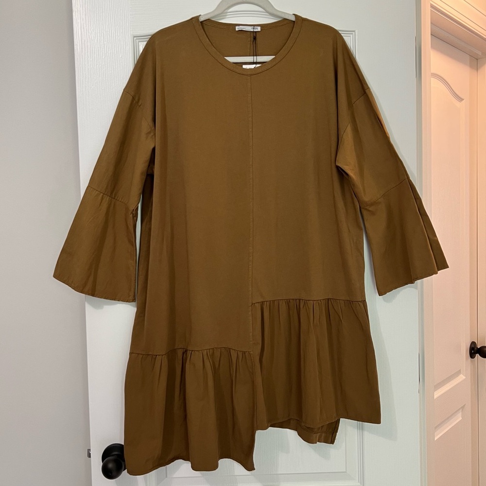 Zara Chocolate Brown Bell Sleeve Drop Waist Shift Mini Dress *NWT*